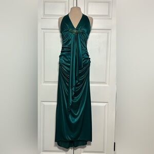 XOXO Vintage Green Satin‎ Formal Dress Small Halter Top Bodycon Party Ball Gown